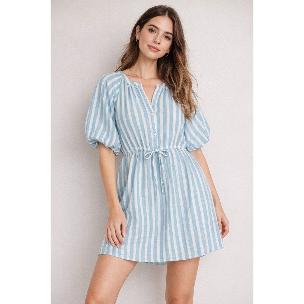 Gauze Cotton Striped Dress Puff Sleeve Drawstring Waist Pockets Coastal Sz XL